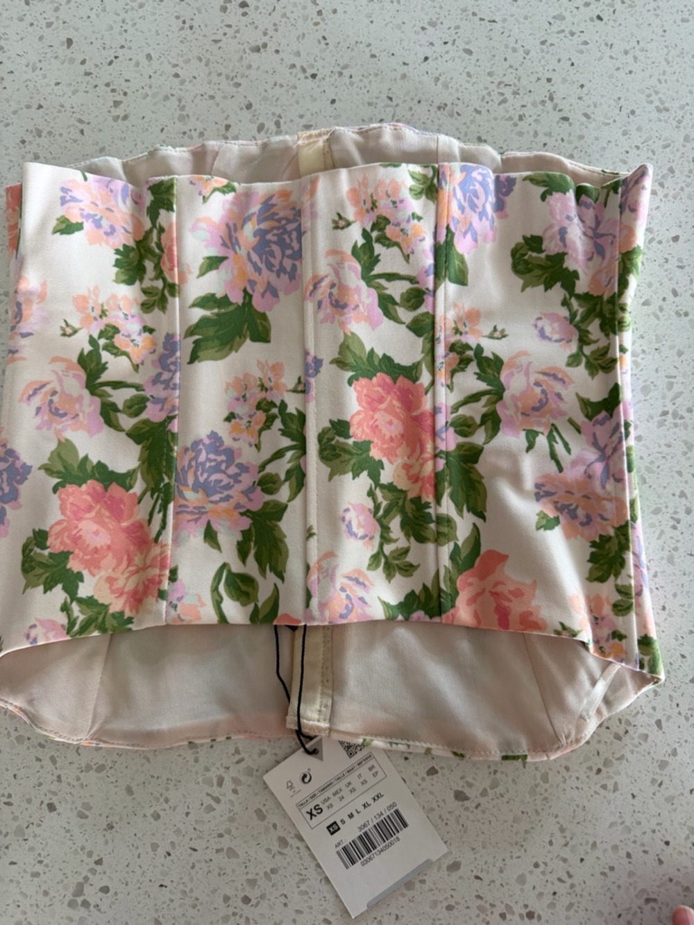 Zara Floral Corset Crop Top in Pink, Green, Lavender on Cream XS